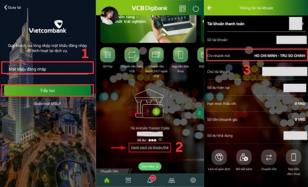 Tìm kiếm địa chỉ chi nhánh qua app VCB Digibank