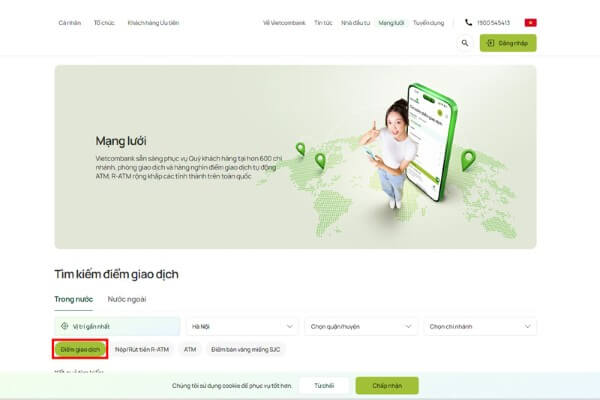 Tìm kiếm địa chỉ chi nhánh qua website Vietcombank