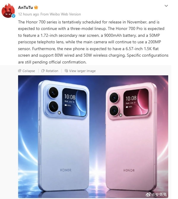 AnTuTu tiết lộ HONOR 700 Pro có thể sở hữu pin 9.000mAh, camera 200MP và sạc nhanh 80W