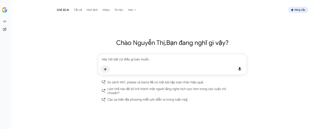 Giao diện chính của chế độ AI GG tìm kiếm