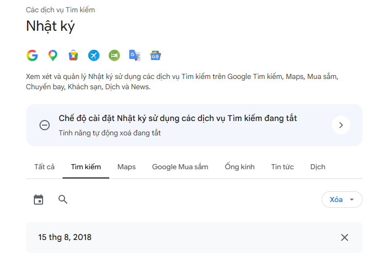 Chọn xóa từng đoạn hoặc xóa toàn bộ lịch sử tìm kiếm