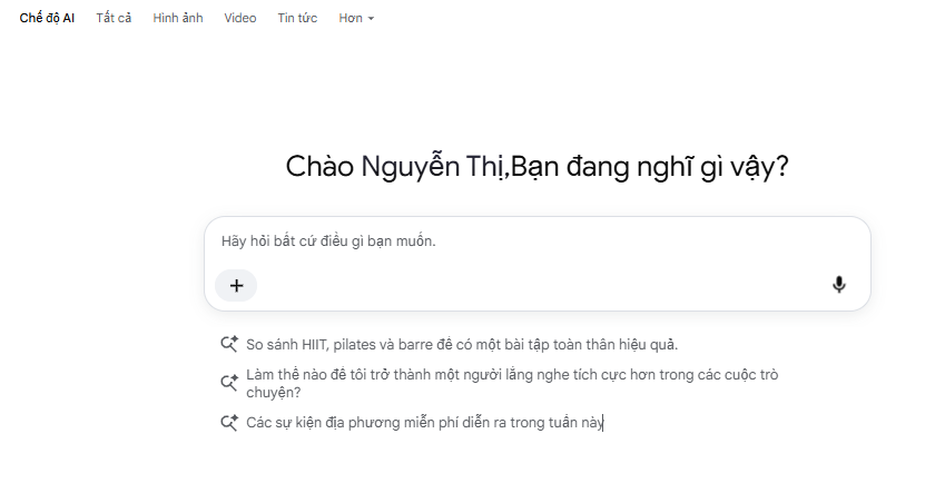 Tại giao diện Chế độ AI, bạn có thể hỏi bất cứ điều gì trên thanh tìm kiếm