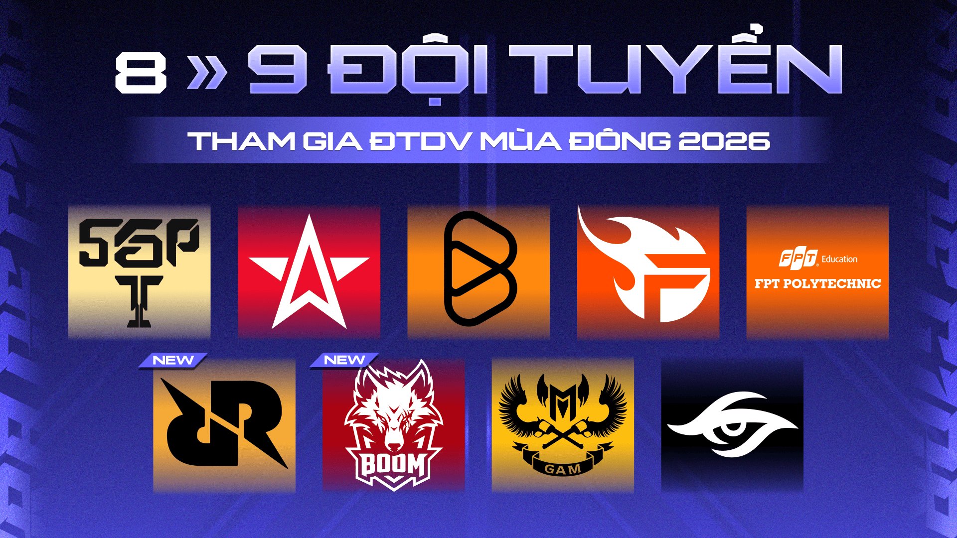 Chín đội tuyển góp mặt tại ĐTDV mùa Đông 2026, với sự xuất hiện của RRQ và BOOM Esports.