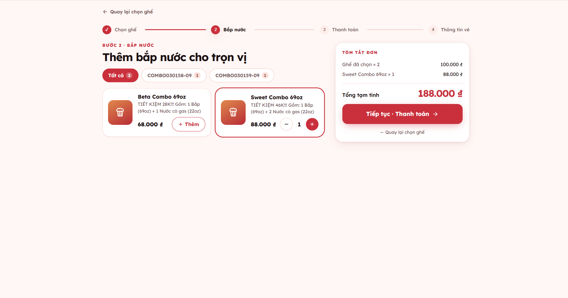 Chọn combo cùng lúc đặt vé giúp khách hàng kiểm tra tổng chi phí trước khi thanh toán.