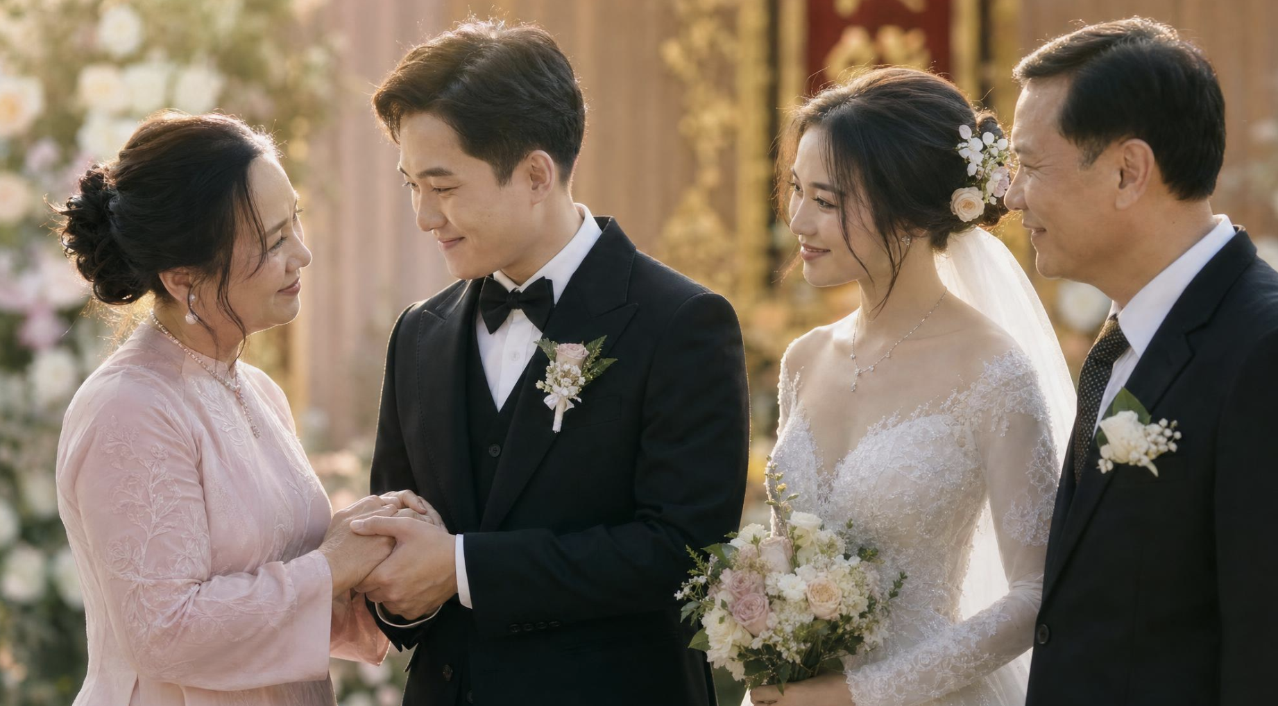 Chú rể bày tỏ lòng biết ơn đến bố mẹ, người bạn đời và những người thân yêu đã đồng hành trong ngày trọng đại