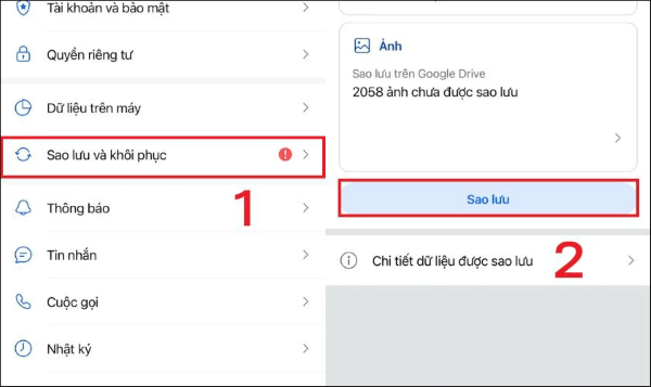 Chọn Sao lưu và khôi phục → Sao lưu