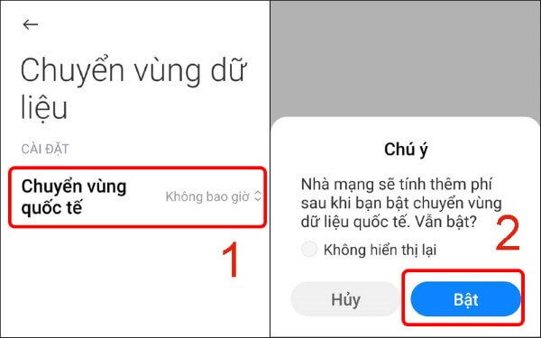 Chọn Bật tại mục Chuyển vùng quốc tế