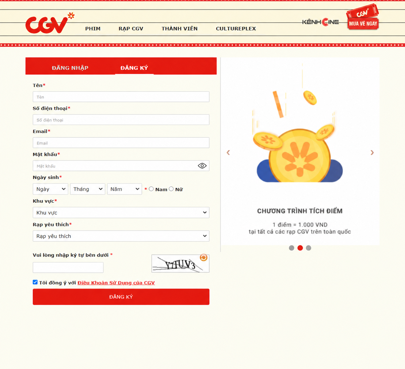 Truy cập website của app CGV Cinemas để đăng ký tài khoản
