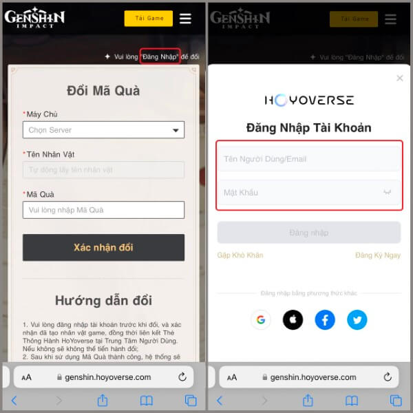 Truy cập trang đổi quà của Genshin Impact