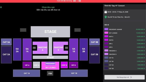 Giá vé concert Tinh Hà Say Hi phân theo từng khu vực