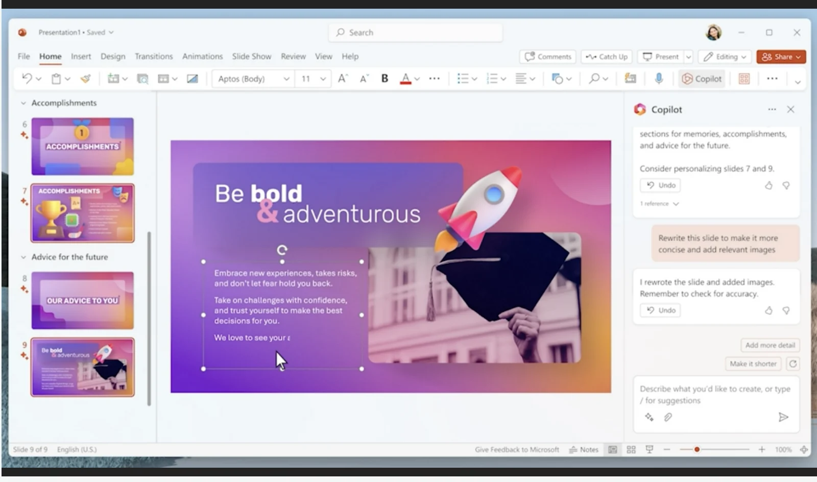 Người dùng có thể tạo slide thuyết trình với Copilot AI trong vài phút
