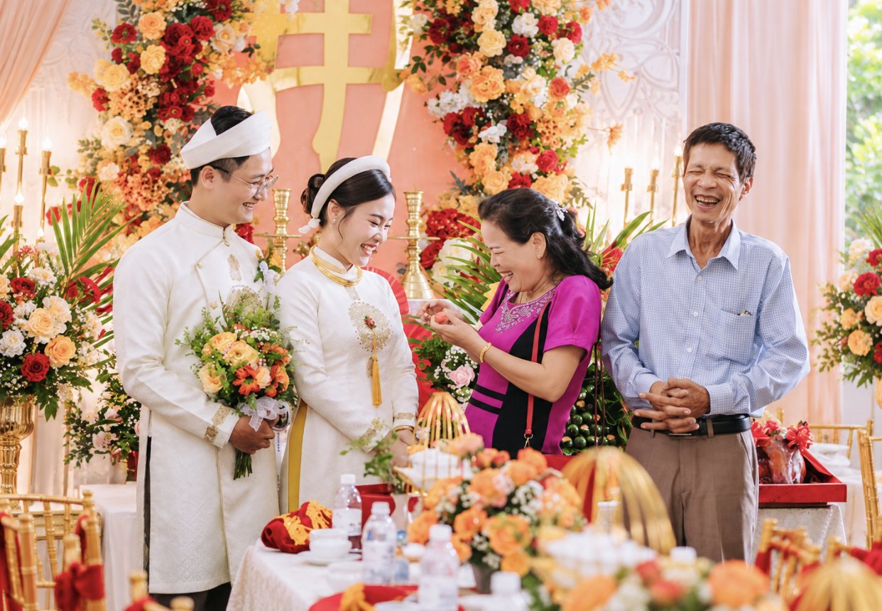 Đại diện nhà gái gửi lời cảm ơn đến gia đình nhà trai và chúc phúc cho đôi uyên ương trong ngày cưới