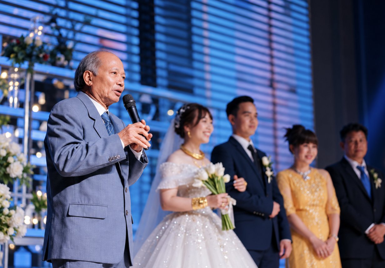 Đại diện nhà gái tiếp nhận lễ vật và đáp lời xin dâu của gia đình nhà trai trước sự chứng kiến của hai họ