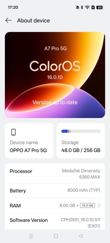 OPPO A7 Pro 5G được cài sẵn hệ điều hành ColorOS 16.0 trên nền tảng Android 16