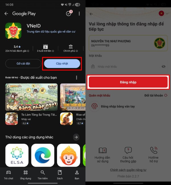 Mở ứng dụng và đăng nhập bằng tài khoản định danh điện tử