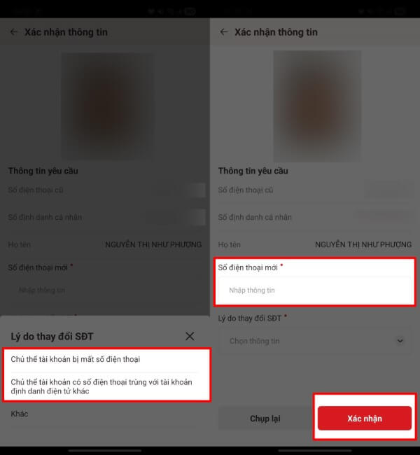 Nhập số điện thoại mới và nhấn Xác nhận