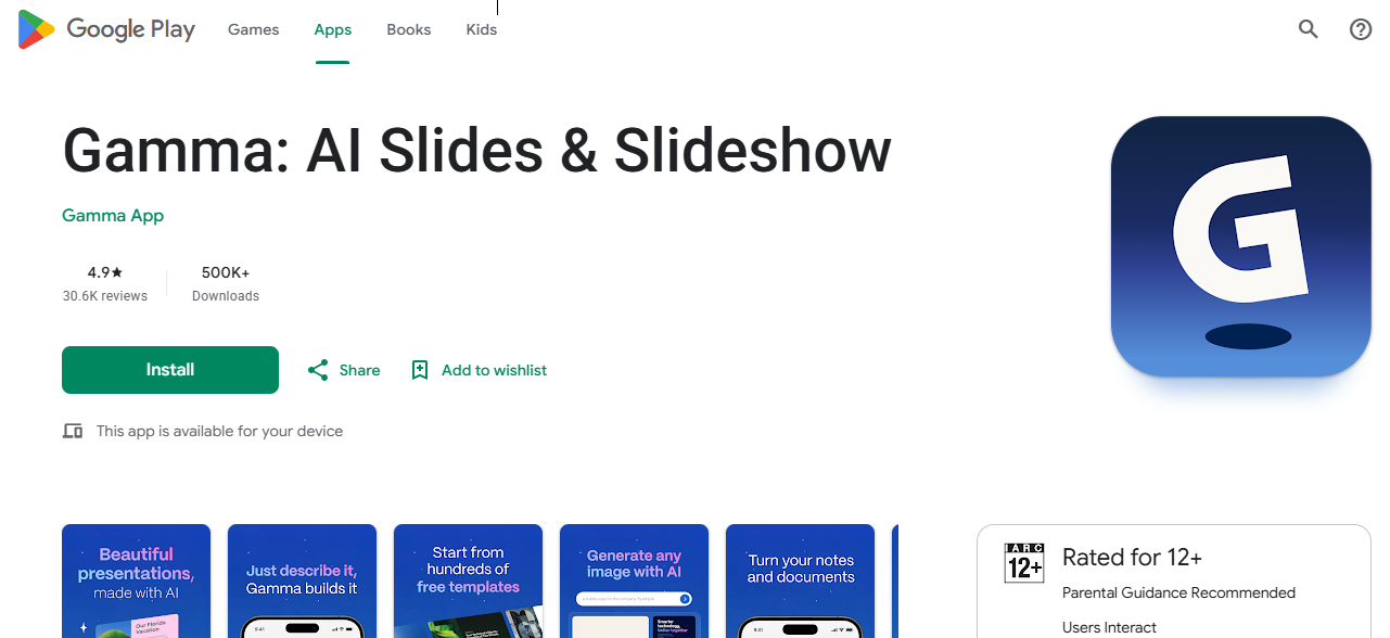 Ứng dụng Gamma AI có sẵn trên Google Play và App Store
