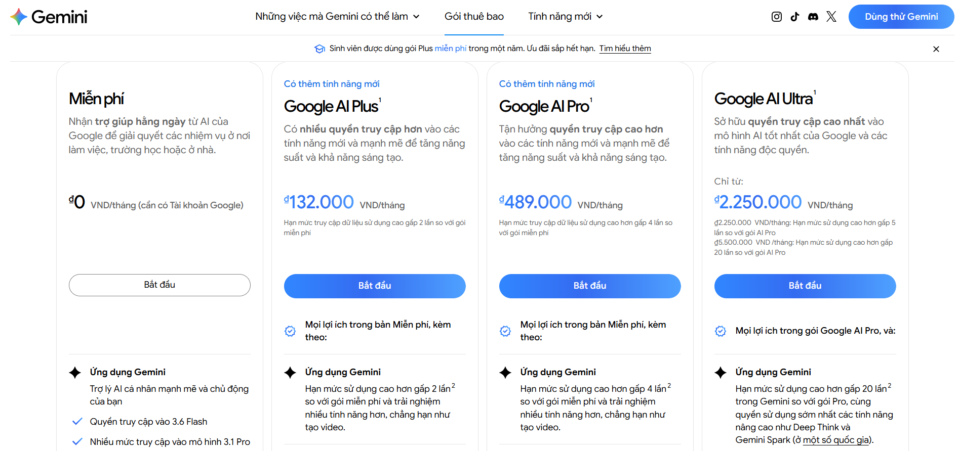 C&aacute;c g&oacute;i Google AI với hạn mức sử dụng kh&aacute;c nhau