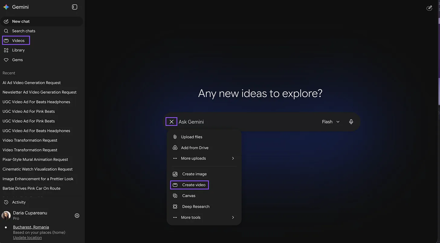 V&iacute; dụ nhập prompt tạo video tr&ecirc;n Gemini