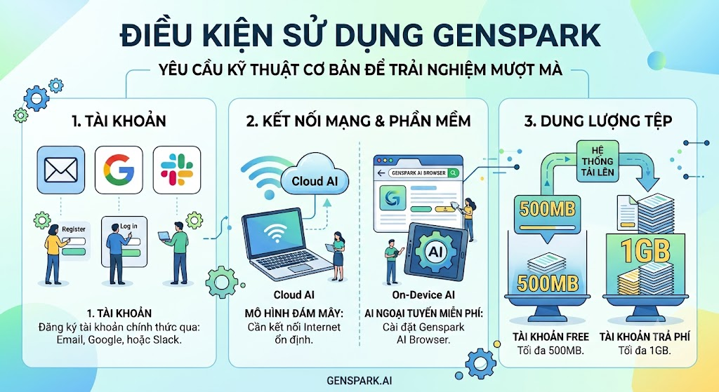 Bạn cần tuân thủ điều kiện sử dụng Genspark  về tài khoản, mạng và dung lượng tệp