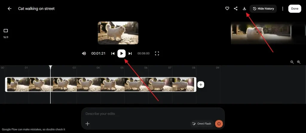 Tinh chỉnh v&agrave; tải video th&agrave;nh phẩm tr&ecirc;n Google Flow AI