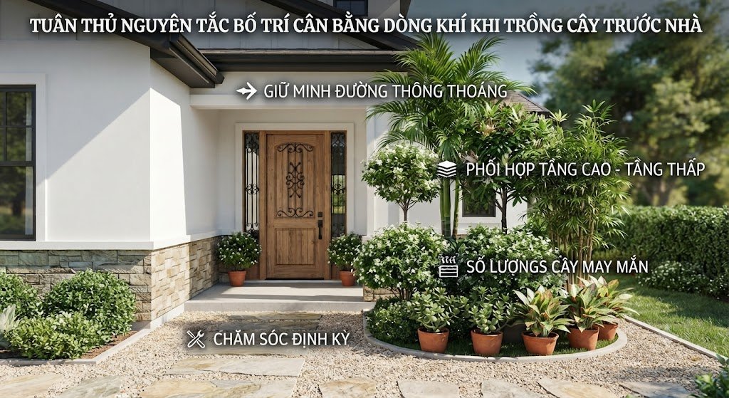 Gia chủ cần tuân thủ nguyên tắc bố trí cân bằng dòng khí khi trồng cây trước nhà