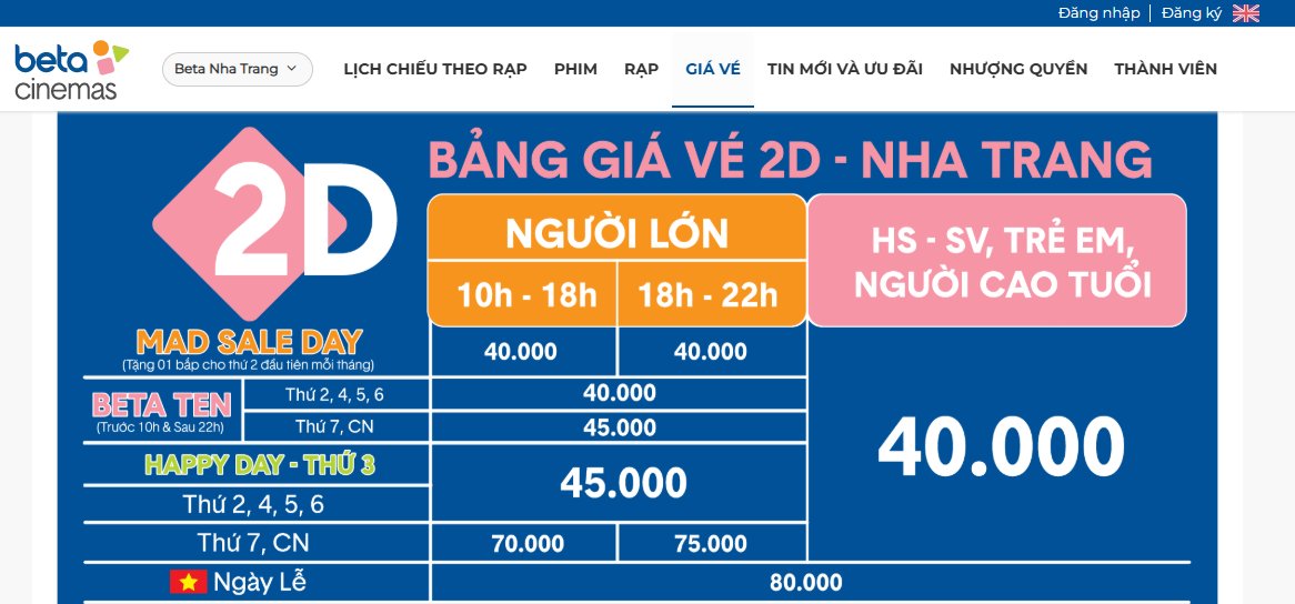 Giá vé Beta Nha Trang được niêm yết trên website
