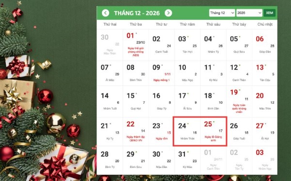 Năm 2026, đêm Giáng Sinh 24/12 là vào thứ Năm