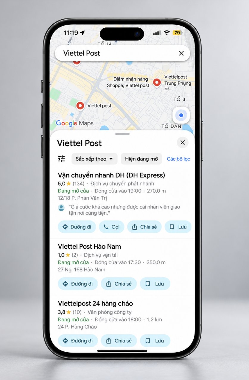 Google Maps giúp khách hàng kiểm tra vị trí, giờ mở cửa và hướng di chuyển đến bưu cục Viettel Post