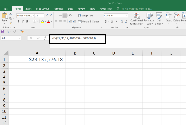Nhập công thức: =FV(7%/12,12,-1000000,-10000000,1) và nhấn Enter
