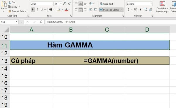 Cú pháp của hàm GAMMA là: =GAMMA(number)