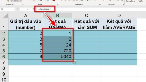 Nhập công thức: =GAMMA(A2)