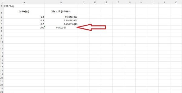 Khi đối số z không phải giá trị số hàm GAUSS sẽ bị lỗi #VALUE!