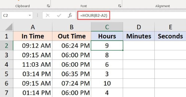Nhập công thức: =HOUR(B2-A2)