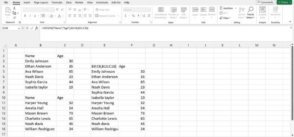 Nhập công thức: =VSTACK({"Name","Age"},B3:C8,B11:C16) 