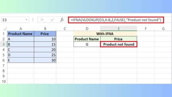 Nhập công thức:  =IFNA(VLOOKUP(A2, B2:C10, 2, FALSE), "Không tìm thấy") 