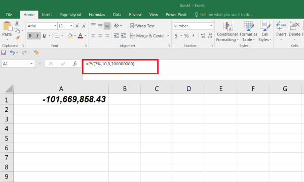 Nhập công thức: =PV(7%,10,0,200000000,0)