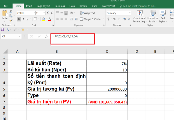 Nhập công thức: =PV(C2,C3,C4,C5,C6)