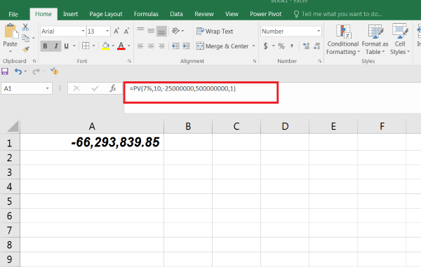 Nhập công thức: =PV(7%,10,-25000000,500000000,1)