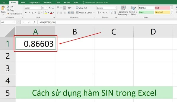 Nhập công thức: =SIN(60*PI()/180)