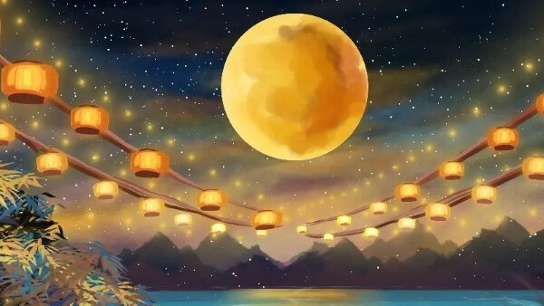 Hình ảnh trăng rằm và đèn lồng phát sáng giữa màn đêm