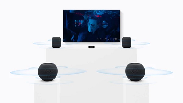 Khi kết nối với Apple TV 4K, HomePod mini 2 có thể thiết lập hệ thống âm thanh vòm gồm bốn loa, đồng thời tự động điều chỉnh chất âm để phù hợp với đặc điểm không gian sử dụng