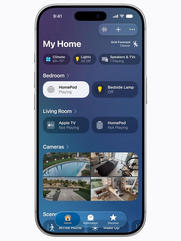 Thông qua ứng dụng Home trên iPhone, người dùng có thể dễ dàng theo dõi, quản lý và điều khiển các thiết bị nhà thông minh từ xa với HomePod mini 2
