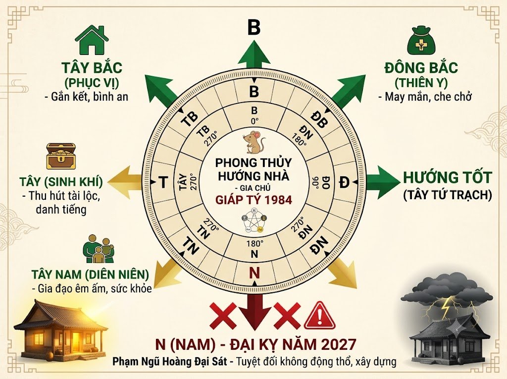 Hướng nhà hợp bản mệnh Giáp Tý 1984 là các hướng Tây Tứ Trạch