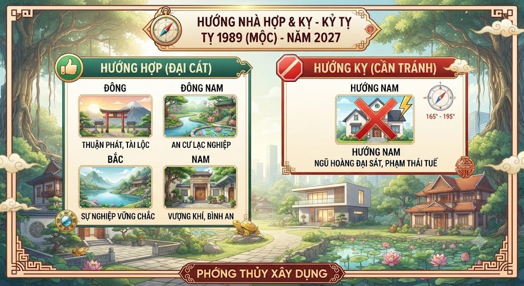 Hướng nhà hợp bản mệnh Kỷ Tỵ (Mộc) (2027) là hướng Đông, Đông Nam, Bắc và Nam