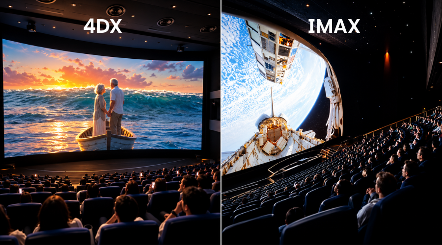 IMAX tập trung vào độ rõ và độ đồng nhất của âm thanh, trong khi 4DX tăng cảm giác nhập vai bằng hiệu ứng vật lý.