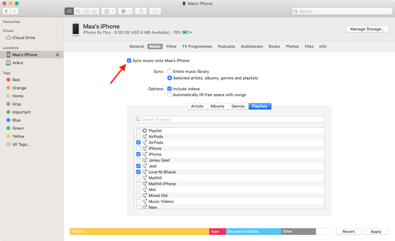 Finder cho phép chọn toàn bộ hoặc một phần thư viện nhạc để đưa sang iPhone