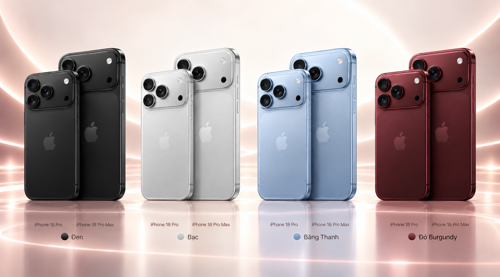 iPhone 18 Pro và iPhone 18 Pro Max đều có bốn tùy chọn màu sắc gồm Đen, Bạc, Băng Thanh và Đỏ Burgundy.