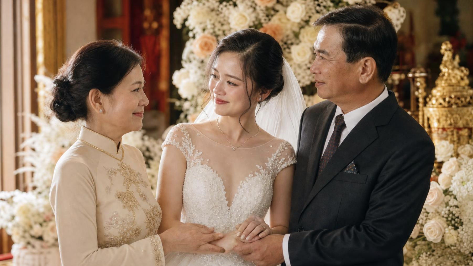 Khoảnh khắc cô dâu bên bố mẹ trong ngày cưới gợi nhắc tình yêu thương và sự hy sinh của gia đình suốt những năm tháng trưởng thành