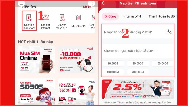 Cách nạp tiền trên ứng dụng My Viettel